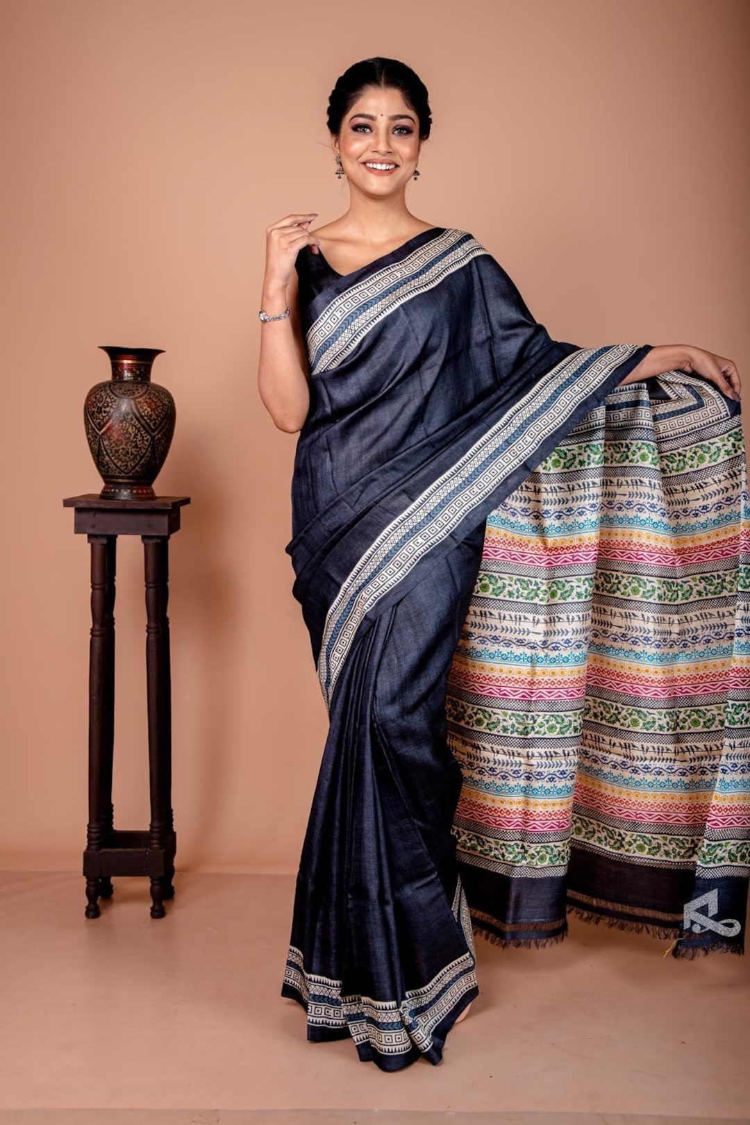 Hand Block Printed Black Tussar Silk Saree: Evening Party Wear