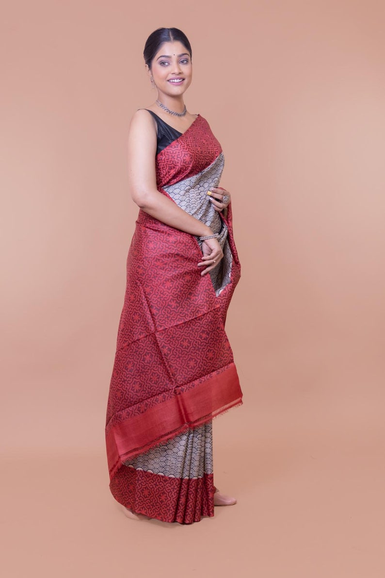 Modern style jaal block print on traditional Tussar silk saree.