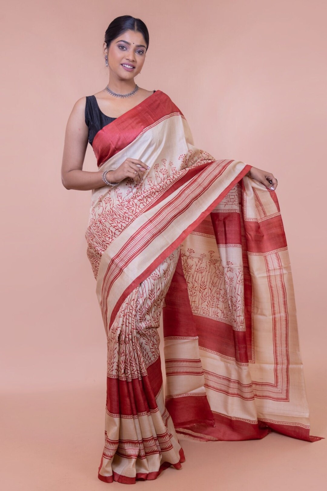 Traditional White Saree With Red Border Pure Tussar Silk Saree With