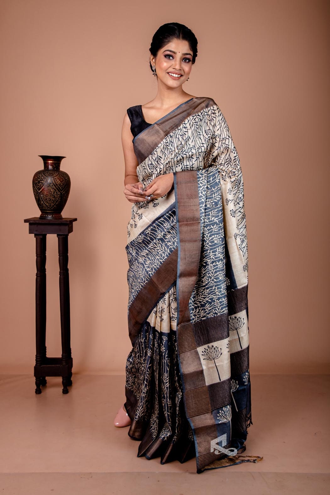 Copper Zari Saree in Slate Black and White Combination Pure Gachi