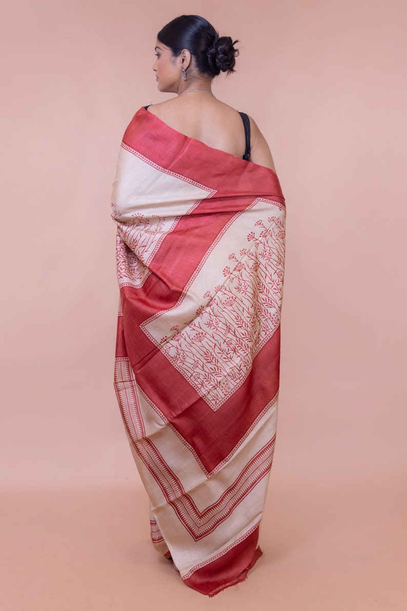 Traditional White Saree With Red Border Pure Tussar Silk Saree With