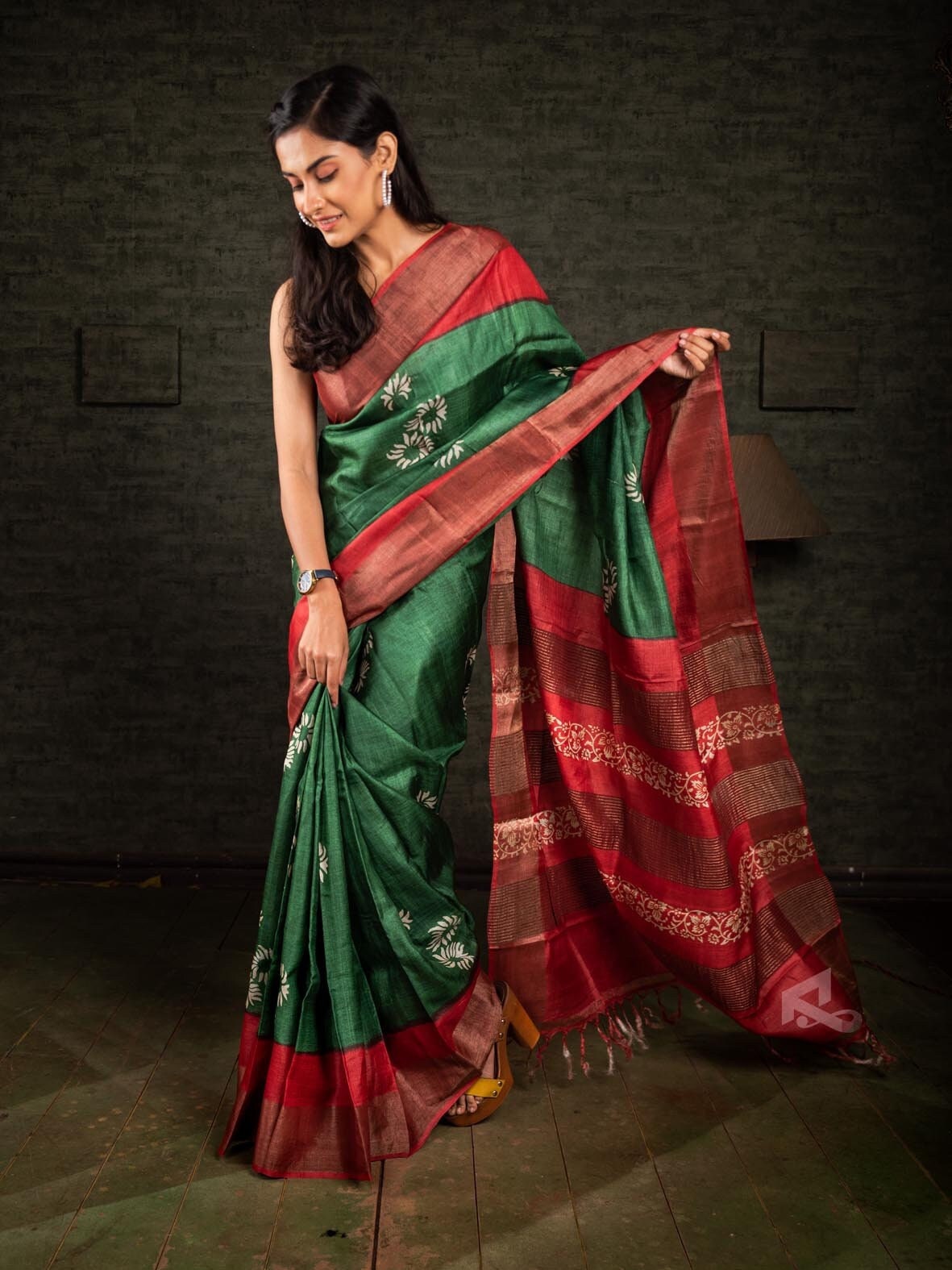 dark green and red combination saree