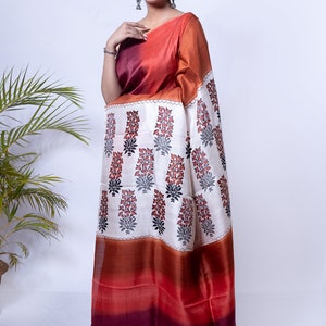 Mulberry Silk Saree: Hand Block Print Mughalkari Buta Design - Etsy