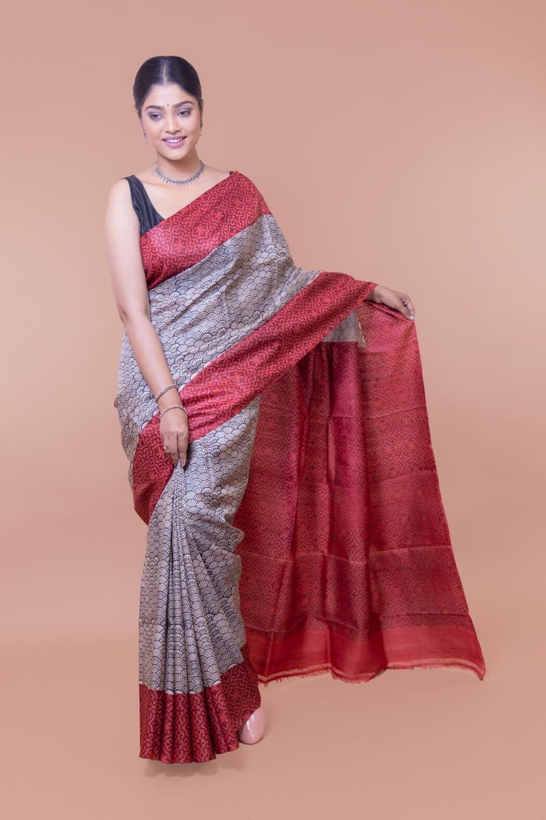 Red and Beige Tasar Silk Saree