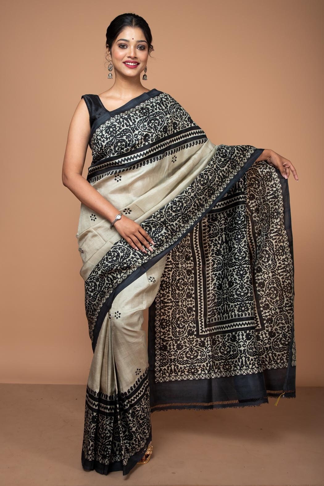 Black & Tussar Silk Saree: Block Print Indian Sari