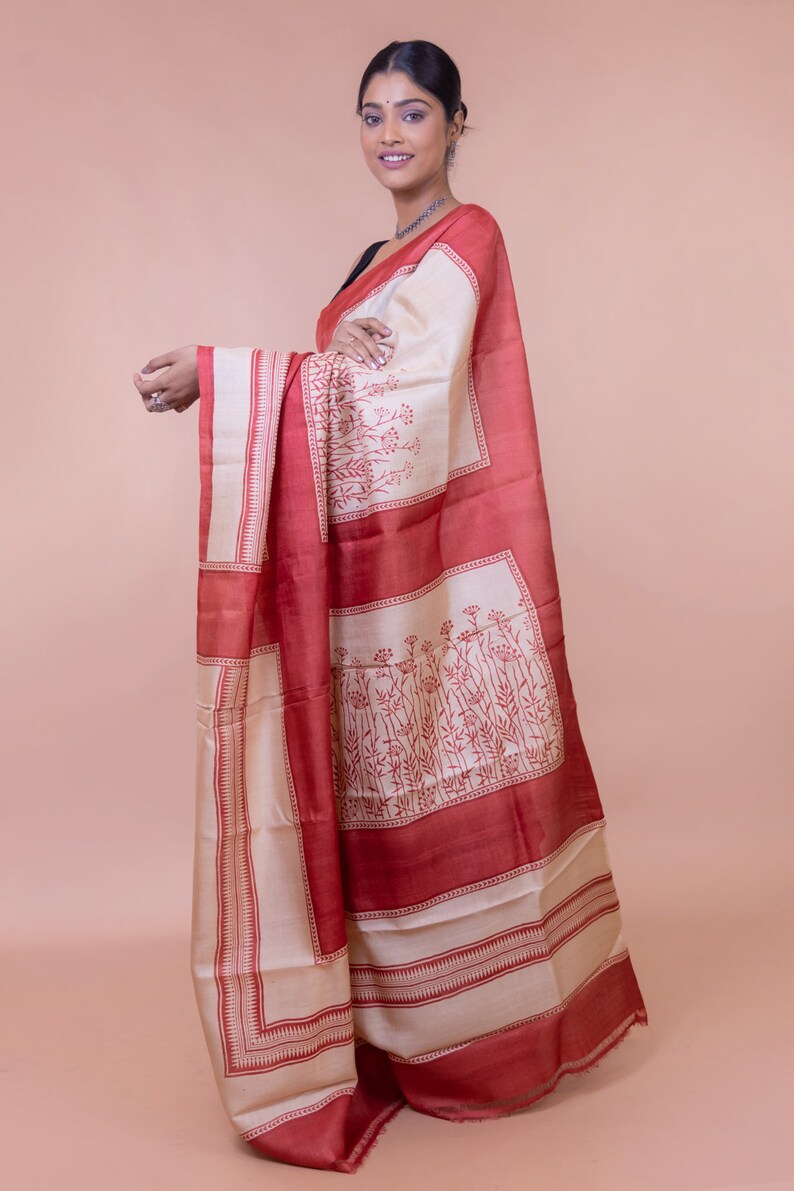 Traditional White Saree With Red Border Pure Tussar Silk Saree With