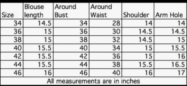 blouse size chart