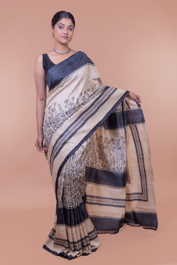 Handblock Printed off White Tussar Sarees With Blouse Piece Black and White Combination Saree Pure Gachi Tussar Etsy UK
