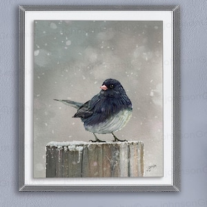 May include: A framed print of a dark-eyed junco bird perched on a wooden post in a snowy scene. The bird has dark gray feathers and a pink beak. The artwork is in a silver frame and is displayed on a gray wall.