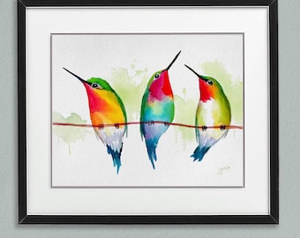 Hummingbirds Watercolor Painting Print: Colorful Bird Art