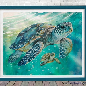 Impresión artística de tortuga marina madre y bebé, impresión artística de pared para guardería, regalo de impresión de tortuga bebé, impresión para dormitorio infantil, decoración de habitación con vida marina, regalo para bebé nuevo