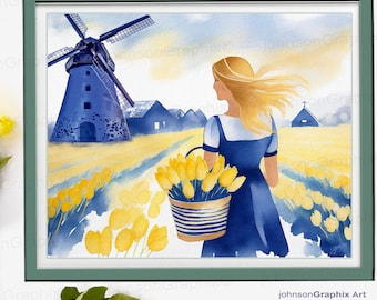 Dutch Windmill Watercolor Painting: Holland Tulips Landscape Print