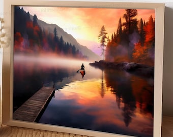 May include: A scenic landscape painting of a lake with a person in a canoe paddling towards a wooden dock. The lake is surrounded by trees and mountains, and the sky is a vibrant orange and pink sunset. The water is reflecting the colors of the sky.