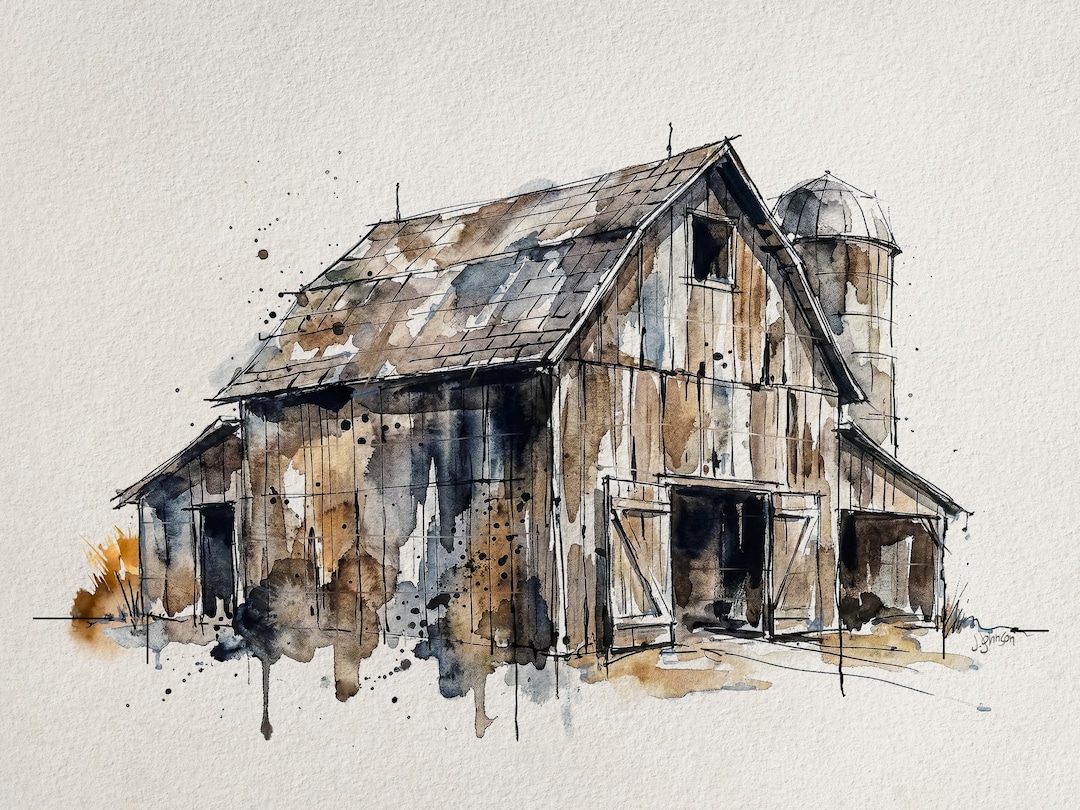 Rustic Old Weathered Barn Watercolor Painting: Minimalist Rural Farm ...