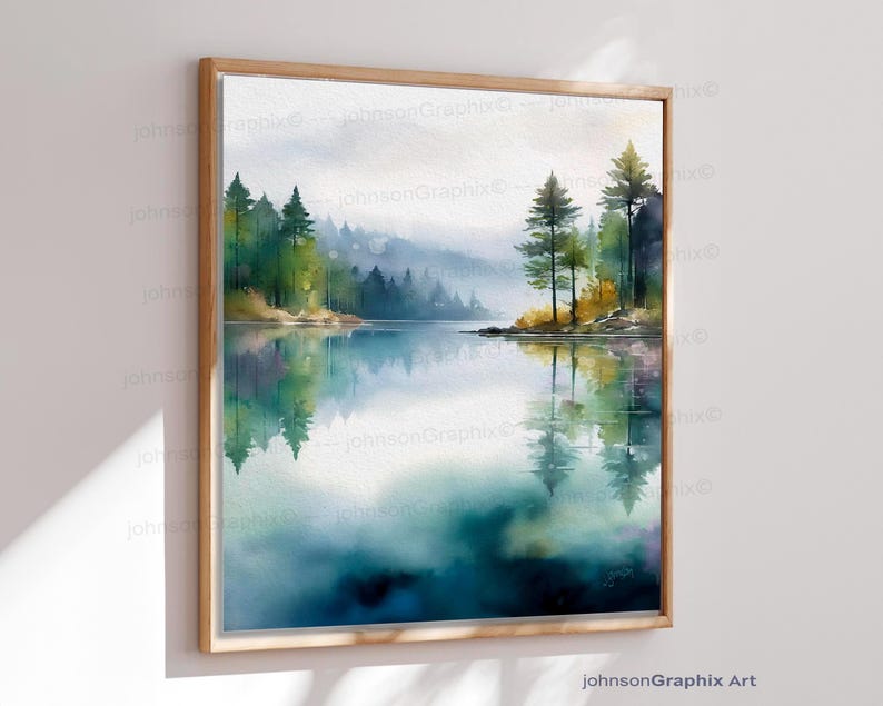Misty Lake Scenery Watercolor Painting: Foggy Forest Landscape Wall Art ...