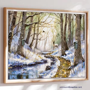 Ahornsirup Kunstdruck, Ahornsafteimer auf einem nebligen Waldweg, Sirupernte Malerei, Ahornsirup Poster, Winterlandschaft Aquarell