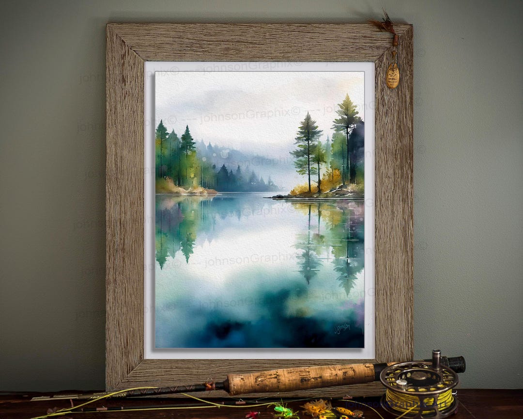 Misty Lake Scenery Watercolor Painting: Foggy Forest Landscape Wall Art ...