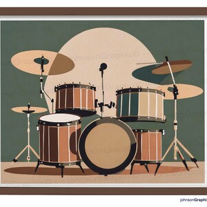 Poster di musica per batteria, stampa artistica, batteria moderna di metà secolo, dipinto di percussionista, arte murale boho, arte della musica per batteria dell'era atomica, regalo di arte musicale