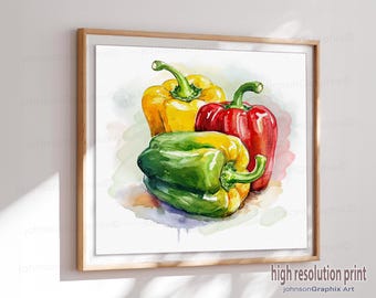Bell Peppers Watercolor Painting Print: Country Kitchen Wall Art