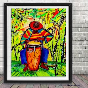 May include: A colourful painting of a person playing a drum. The person is wearing a red hat and a multi-coloured shirt. The drum is orange and brown with black lines. The background is green, yellow and black.