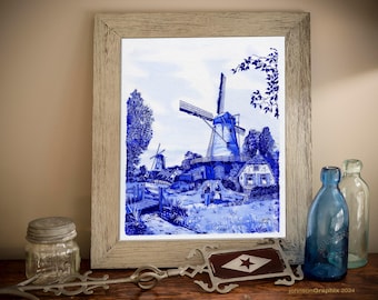 Delft Blue Holland Windmill Art Print: Dutch Decor, Amsterdam Landscape Painting