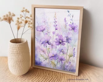 Purple Pansy Watercolor Painting: Violet Wildflower landscape Print