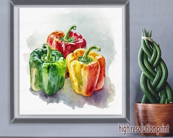 Bell Peppers Watercolor Art Print: Kitchen Food Wall Decor