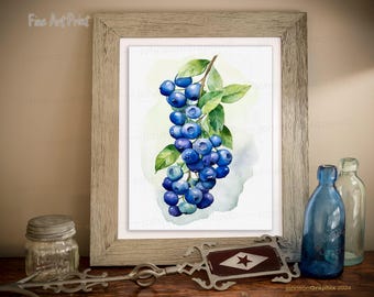 Blueberries Watercolor Painting: Country Kitchen Fruit Wall Art Print