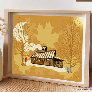 Ahornsirup-Wand-Kunstdruck, Ahornsaft-Ernte, Sugaring-Kunstdruck, Zuckerhaus-Winterlandschaft, Ahornblätter Boho-Braun-Dekor