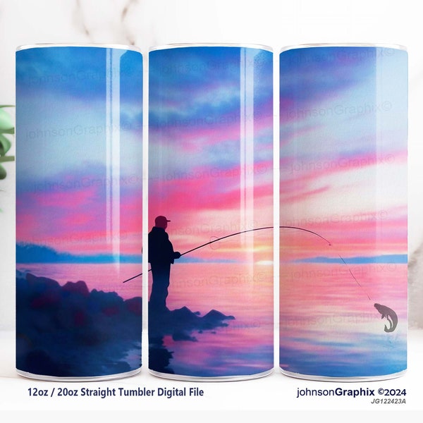 Lone Fisherman 20oz Sublimation Tumbler Wrap Digital Design, Sunset Fishing Tumbler, Flyfishing PNG, 3-D Skinny Tumbler, Lake Fisherman PNG