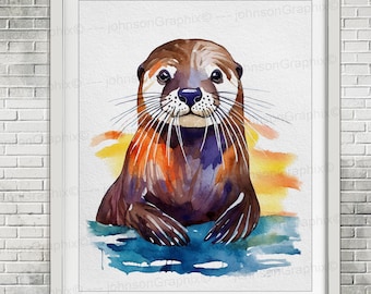 Happy Sea Otter Art Print, Otter Watercolor Print, Cute Otter Wall Art, Nursery Decor, Kids Room Decor, Animal Print, Baby Shower Gift