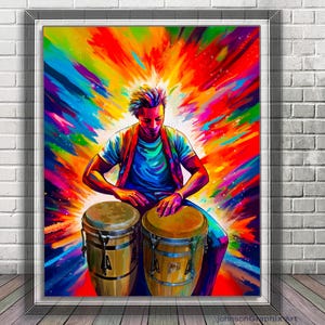 May include: A colourful abstract painting of a person playing two conga drums. The person is wearing a blue shirt and the background is a vibrant mix of red, yellow, blue, green, and purple.