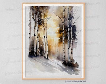 Aspen Forest Scenery Watercolor Painting: Foggy Sunset Landscape Wall Art Print