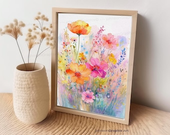 May include: Watercolor painting of a bouquet of pink, yellow, and orange flowers with green leaves and stems. The flowers are painted in a loose, impressionistic style.
