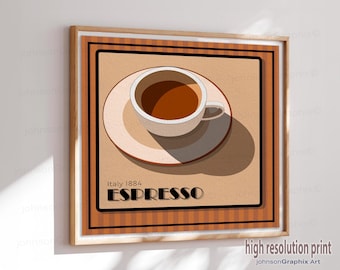 May include: A vintage-style poster with a brown background and a white frame. The poster features a cup of espresso on a saucer with the text "Italy 1884 ESPRESSO" in a bold, black font.