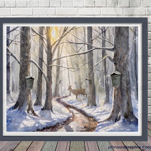 Ahornsirup Ernte Wand Kunst Druck, Ahornsirup Poster, Ahornsirup Aufkleber, Sugarhouse Winter Hirsch Landschaftsdruck, Ahornsirup Geschenk