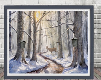 Maple Syrup Harvest Painting: Winter Deer Forest Landscape Art Print