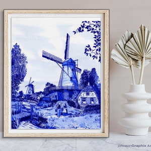 Delft Blue Pottery Art Print Dutch Windmill Painting, Freshen Up your Kitchen or Dining Room with This Windmill Art Print, Blue Wall Decor