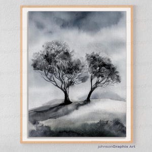 Misty Mountain Watercolor Print: Black and White Landscape Art