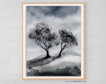Misty Mountain Scenery Watercolor Painting: Black and White Landscape Art Print