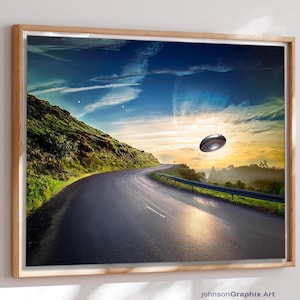 UFO Highway Art Print: Retro Sci-Fi Flying Saucer Poster
