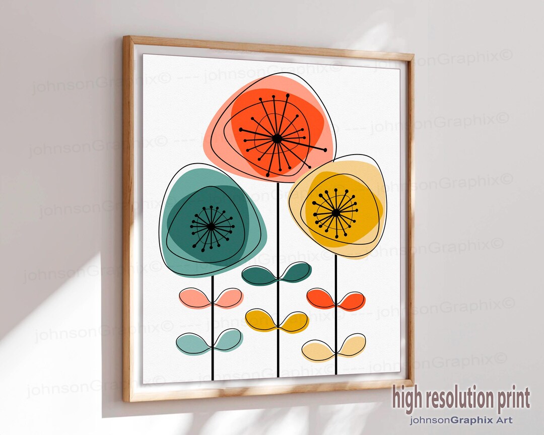 Atomic Age Flowers Painting Print - Retro Mid Century Modern Pink ...