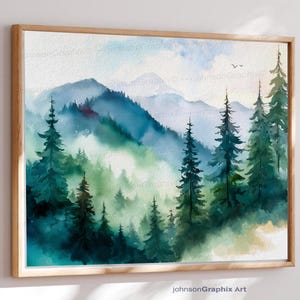 Foggy Forest Print, Meadow Watercolor Print,  Foggy Forest Decor, Mountain Forest Wall Art, Peaceful Scenery Decor, Misty Forest Art Print