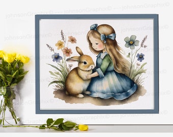 Adorable Girl and Rabbit Nursery Wall Art Print, Baby Animal Nursery Poster, Kids Bedroom Print, Baby Room Décor, New Baby Gift Easter Art