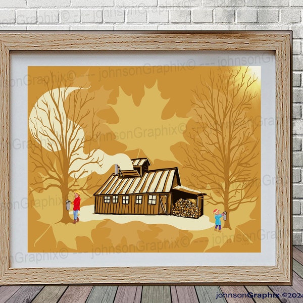 Maple Syrup Wall Art Print, Maple Sap Harvest Poster, Syrup Label Print, Sugarhouse Winter Landscape Print, Maple Leaves Painting, Gift