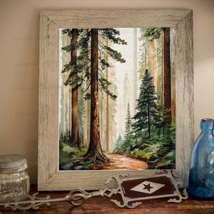 Nebliger Mammutbaumwald Aquarell Art Print, Nebliger Mammutbaum Wald Wandkunst, ruhige Landschaftsdekor ruhige neblige Wald