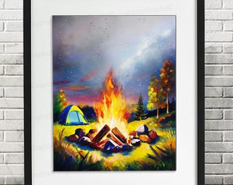 Cozy Campfire Watercolor Painting: Camping Scenery Cabin Decor