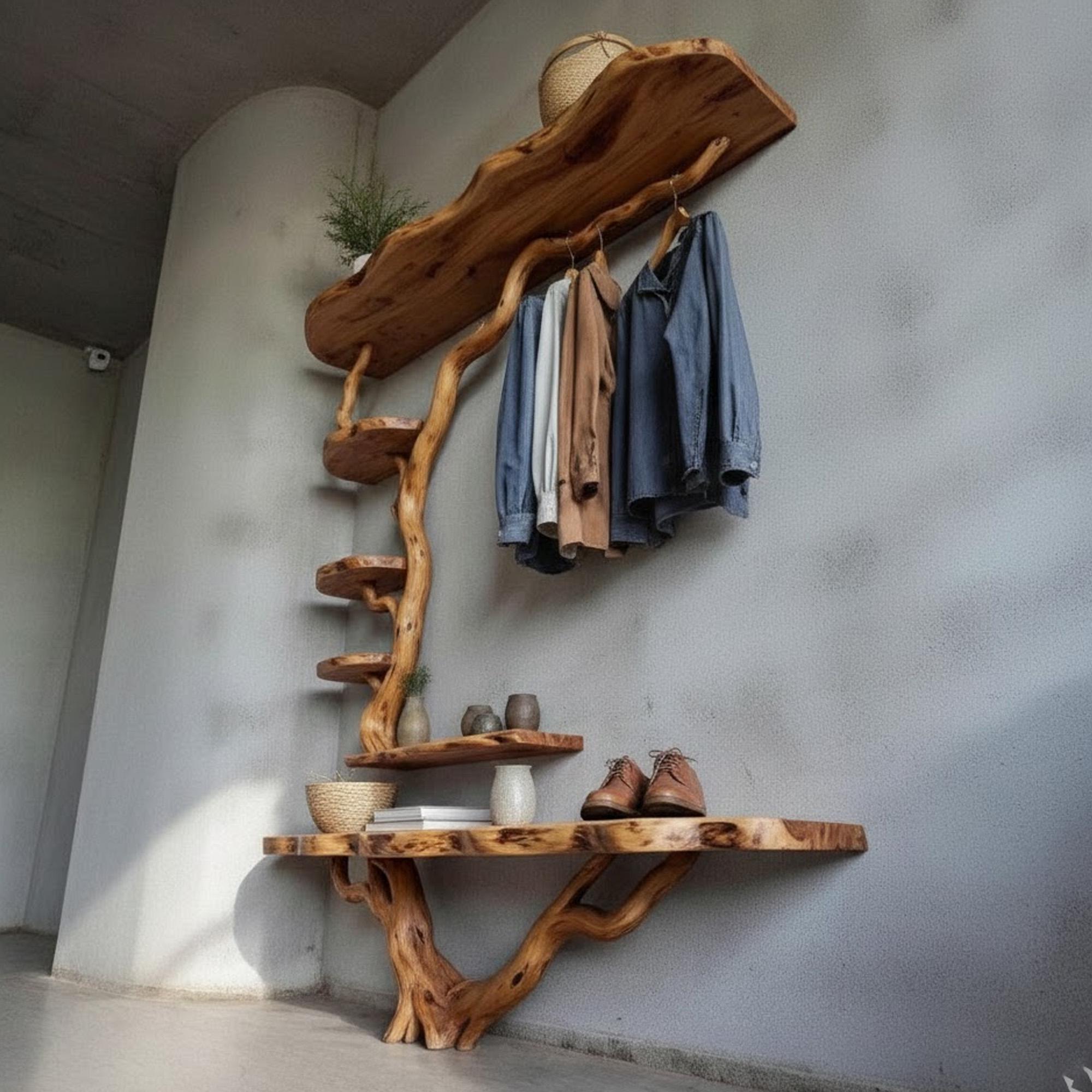 Tree Branch Coat Rack Driftwood Coat Hook Wall Mount Shoe Bench Solid ...