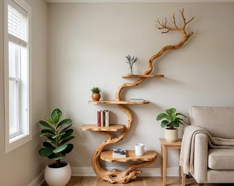 Tree branch floor bookshelf art rustic live edge wood shelf custom standing living room shelves
