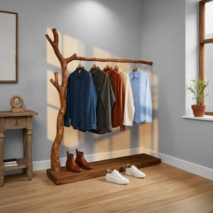 Puede incluir: Un perchero de madera con diseño de rama de árbol natural, con cinco camisas abotonadas de varios colores. Botas de cuero marrón y zapatillas blancas se colocan en la base de madera. La habitación tiene una paleta de colores neutros con suelo de madera.